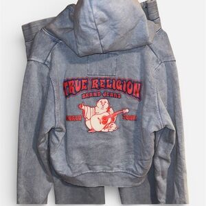 NWT True Religion Blue Hooded Jean Jacket with Red Graphic